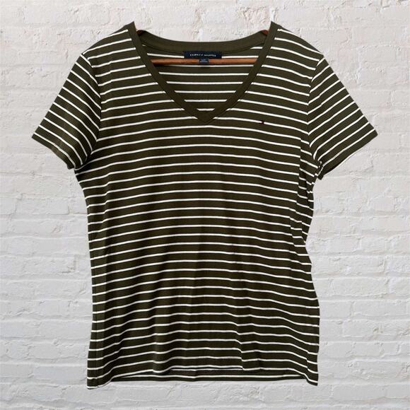 Tommy Hilfiger Oliver Green White Striped V Neck Short Sleeve 100% Cotton Top L - Picture 1 of 8